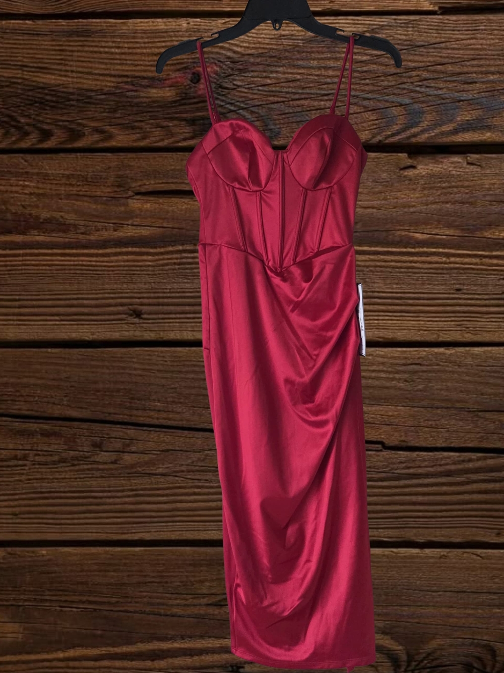 B Darlin Burgundy Satin Slip Dress‎ with Bustier Cups
